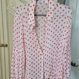 Polka Dot Button-Front Blouse in White and Red